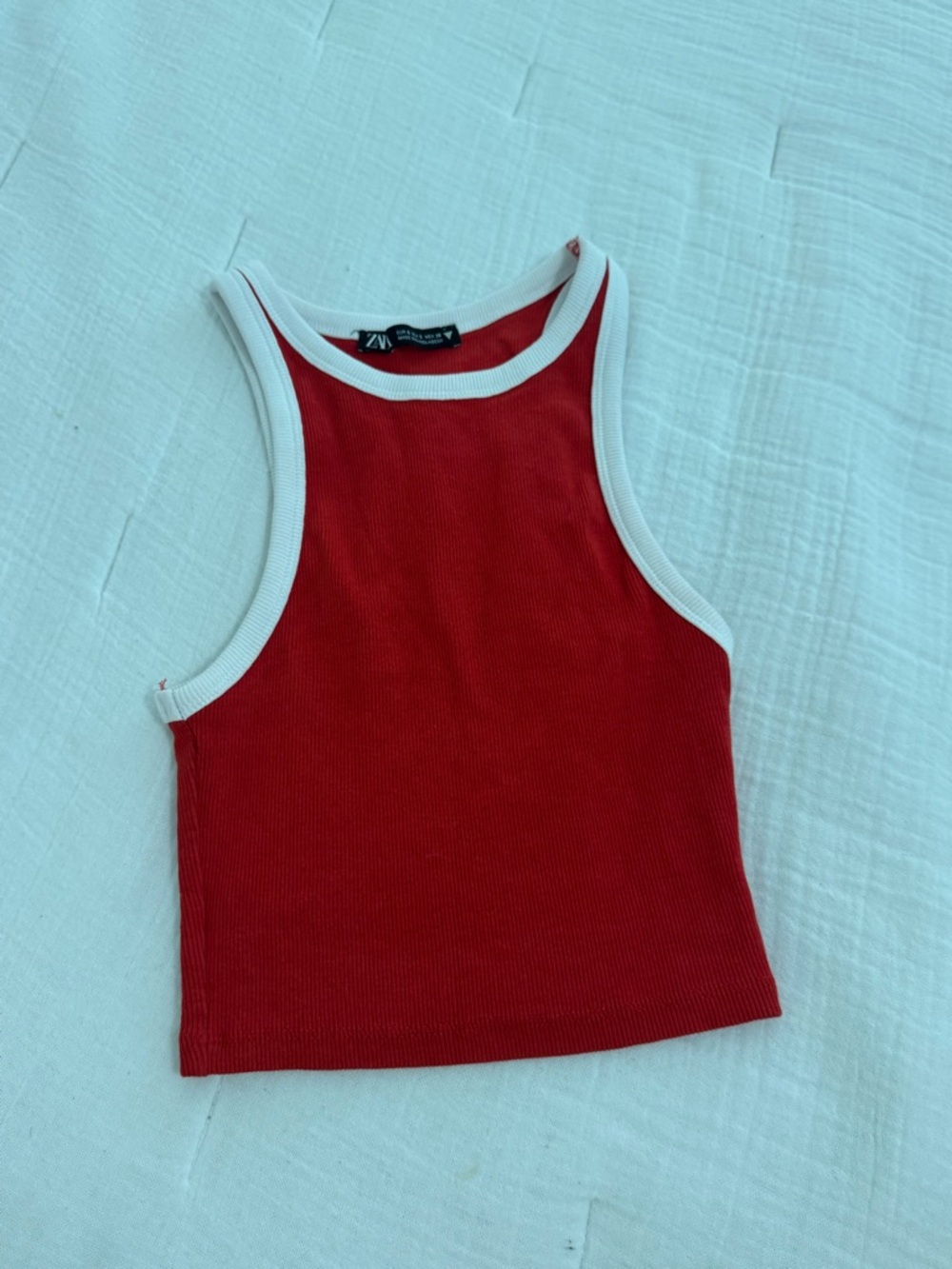 ZARA Red Ribbed Cropped Tank with White Trim